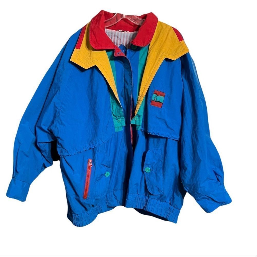 Fresh 90's Y2K Primary Color Nylon Windbreaker Jacket Vintage Sz L-XL Blue EUC